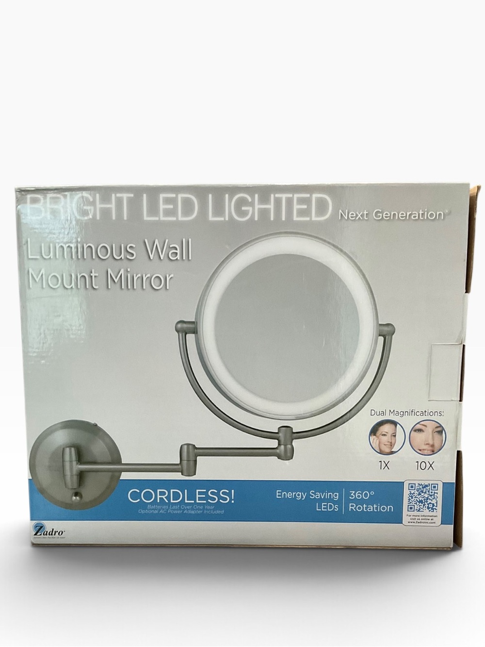 Zadro Cordless Bright LED Lighted -Mount Vanity Mirror 360 Rotation NEW